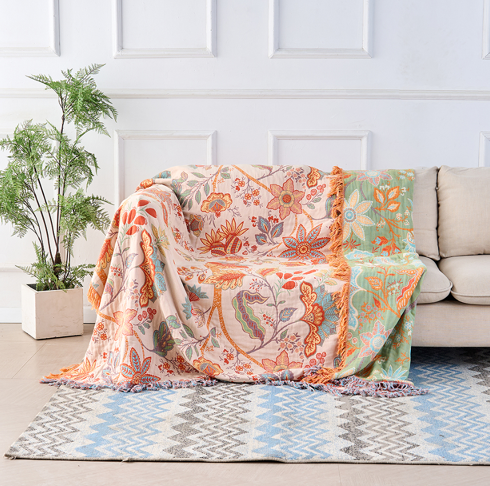 Bohemian Cotton Plaid – Creme med Blomsterprint i Orange og Blå til Stue eller Soveværelse