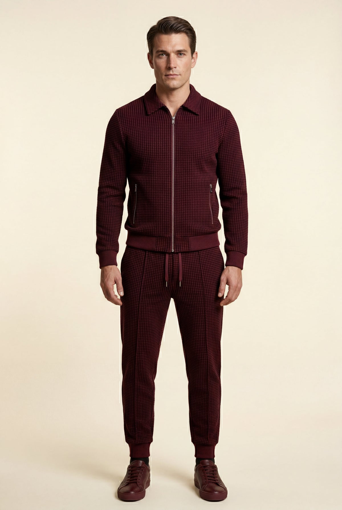 Burgundy Textured Zip-up Jacket and Jogger Set with Ribbed Detail - Two piece set - Photo 1