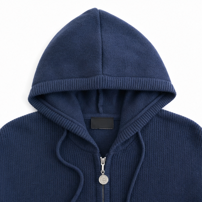 Dame Hoodie med Lynlås – Strikket Drop-Shoulder og Stribede Ærmer