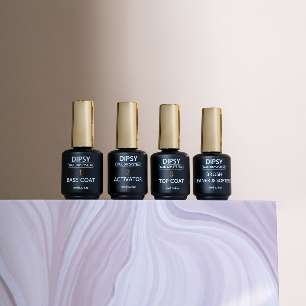 Væskesæt til Dyppepulver-negle – Basecoat, Activator, Topcoat og Børsterens