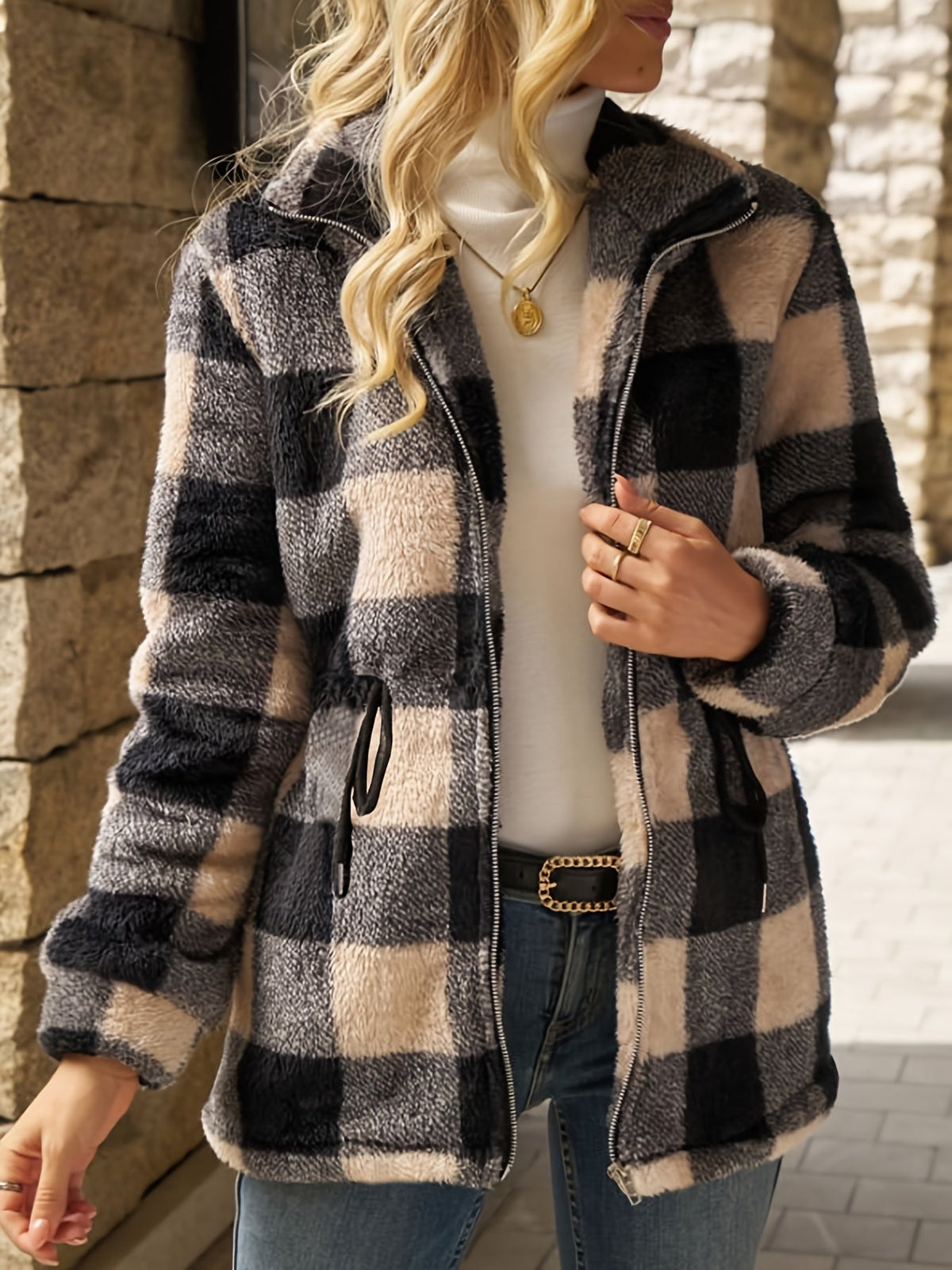 Euphemia™ | Women's Checked Plush Hooded Zip Jacket