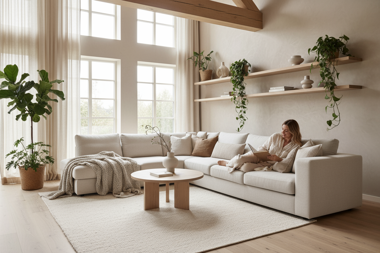 Een haarscherpe foto van een modern, Scandinavisch interieur met warme beige en witte tinten, houten accenten en zachte verlichting. Een jong stel of vrouw ontspant in een stijlvolle woonkamer met natuurlijk licht, planten en elegante decoratie. Premium sfeer, clean design, realistisch, ultra-HD, zonder tekst of logo’s.
