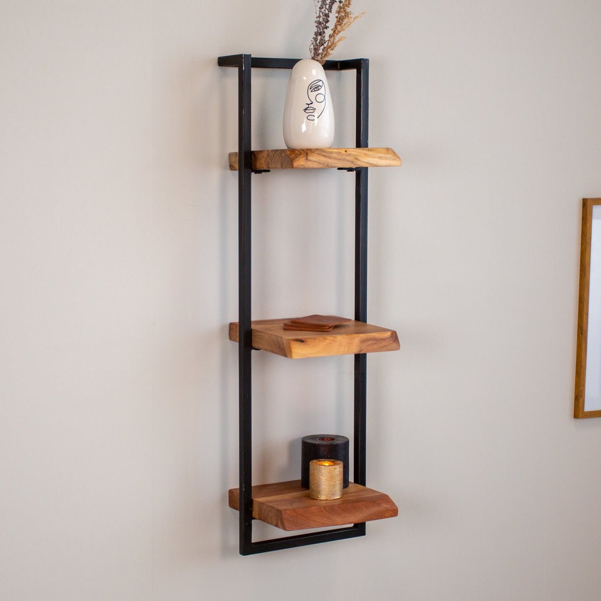 Estantería de pared – Madera maciza de acacia con acero vintage para el salón o el recibidor