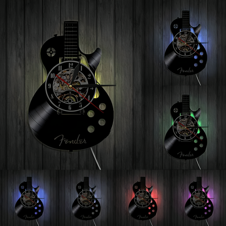 Vægur Vinylplade Guitar Design - Unikt Ur til Musikelskere