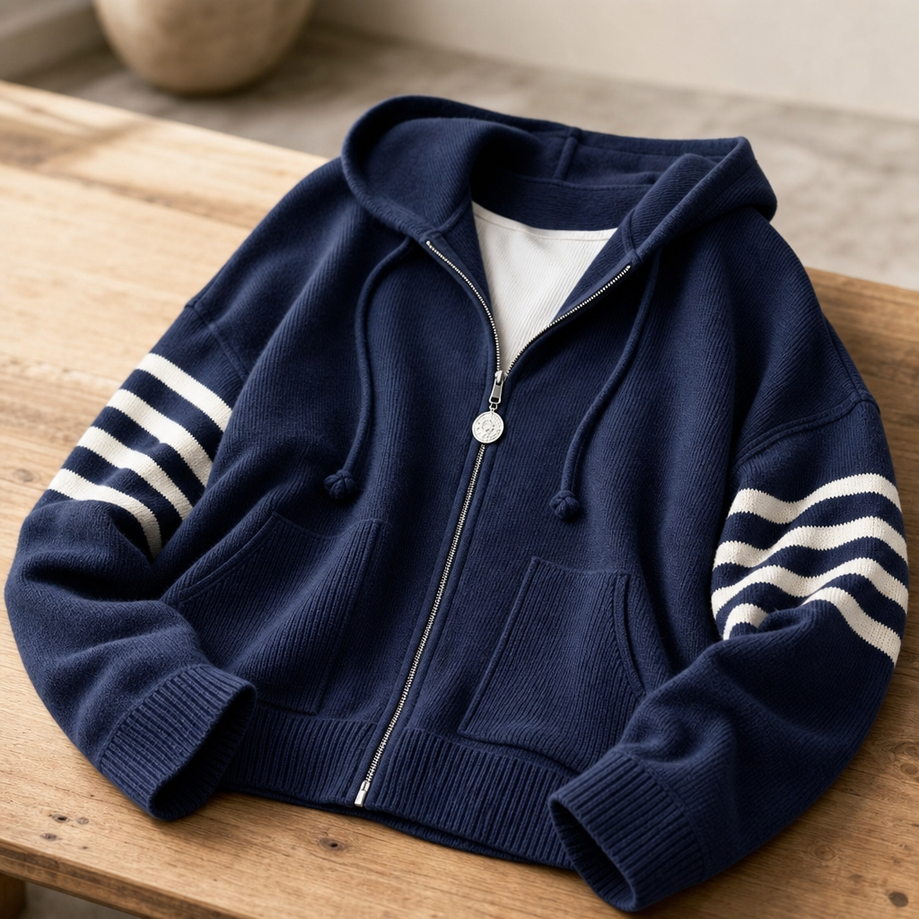 Dame Hoodie med Lynlås – Strikket Drop-Shoulder og Stribede Ærmer