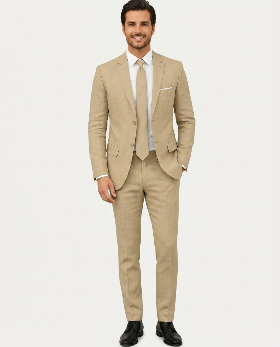 Herre Jakkesæt Slim Fit i Let Hør - Enradet med To Knapper