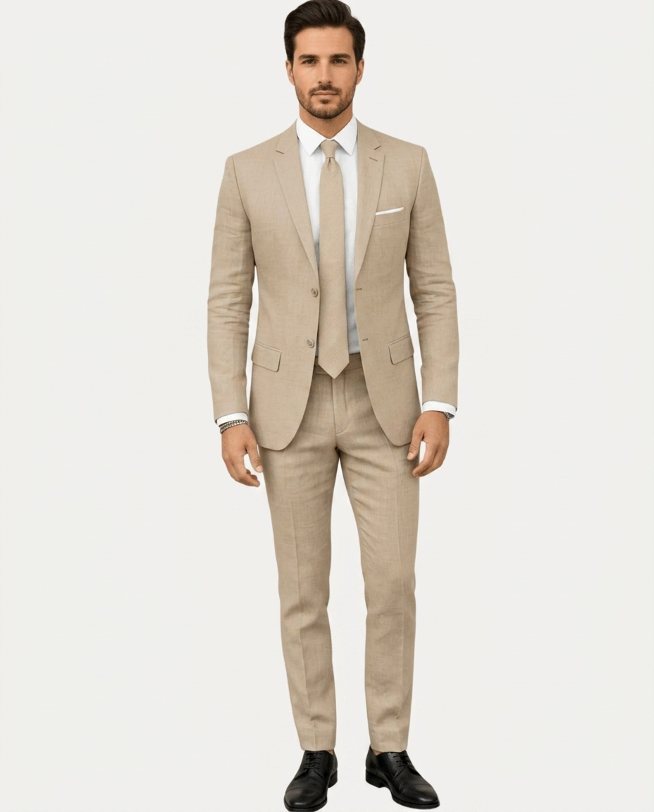 Herre Jakkesæt Slim Fit i Let Hør - Enradet med To Knapper