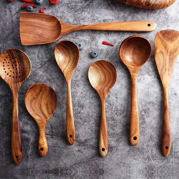 Wooden Kitchen Utensils Set – Teak, 7-piece Set for Cooking and Serving in the Kitchen