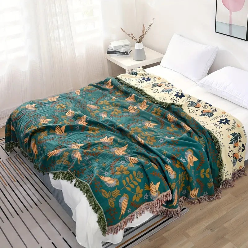 Reversible Cartoon Blanket – Teal with Golden Birds and Cream with Navy and Coral for Living Room or Bedroom