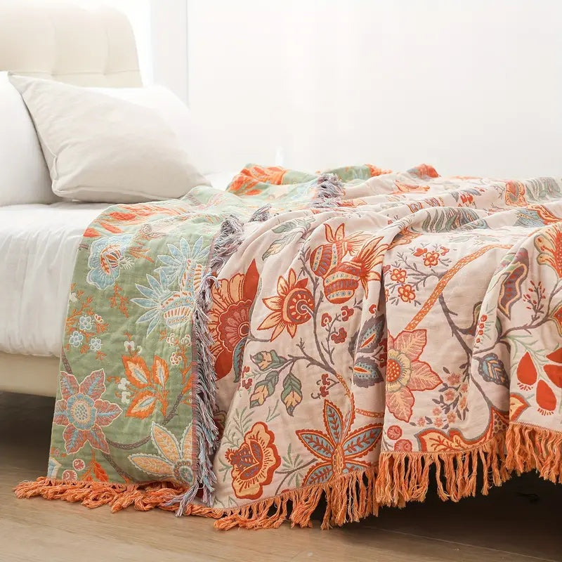 Bohemian Cotton Plaid – Creme med Blomsterprint i Orange og Blå til Stue eller Soveværelse