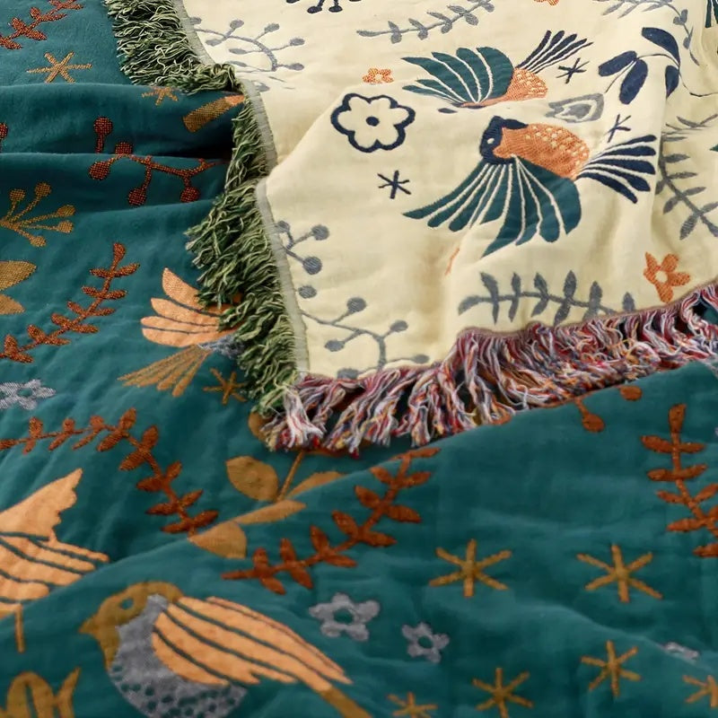 Reversible Cartoon Blanket – Teal with Golden Birds and Cream with Navy and Coral for Living Room or Bedroom