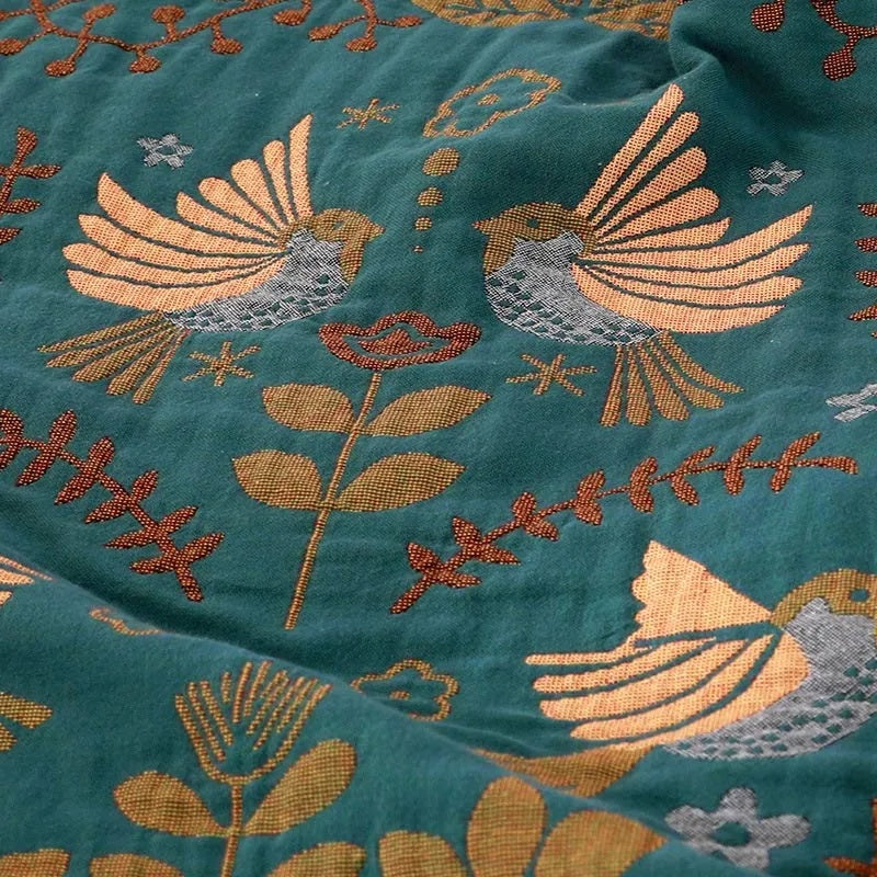 Reversible Cartoon Blanket – Teal with Golden Birds and Cream with Navy and Coral for Living Room or Bedroom