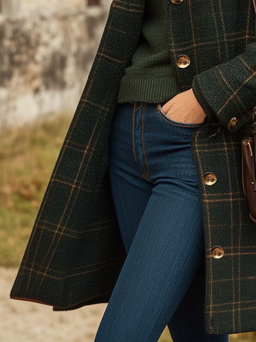 Dames lange wollen mantel – bruin geruit, knoopsluiting, winterjas