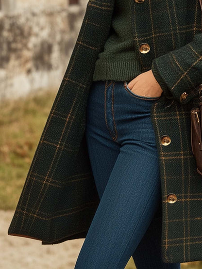 Dames lange wollen mantel – bruin geruit, knoopsluiting, winterjas