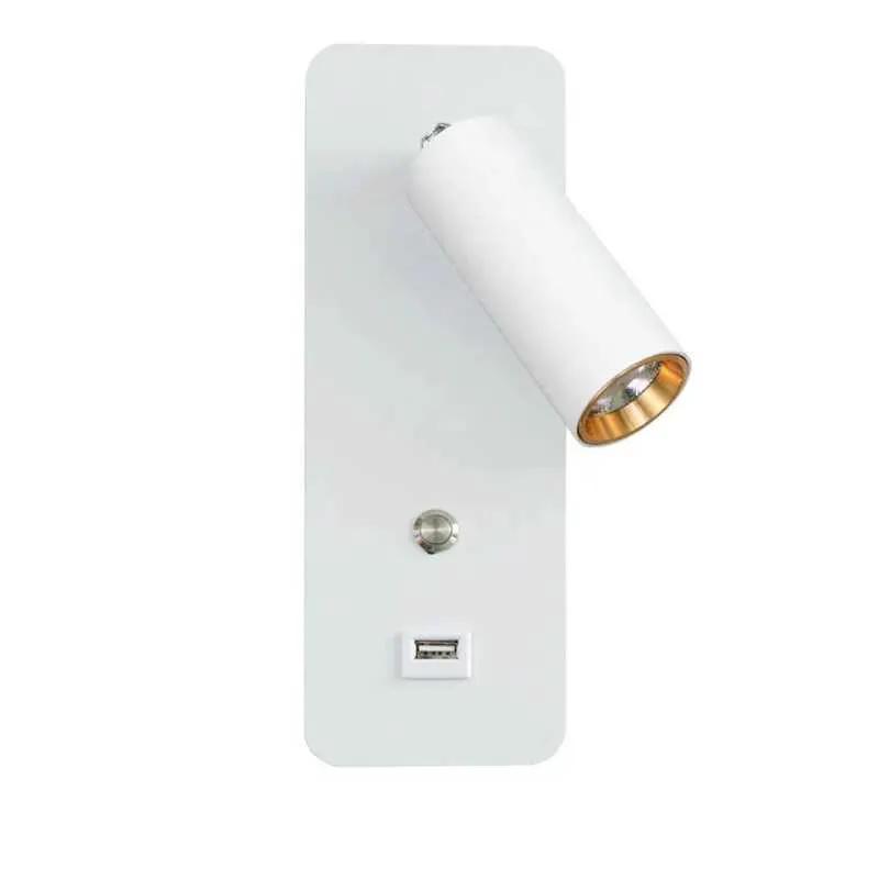 White Scandinavian LED bedside wall light with integrated USB charging and minimalist metal finish