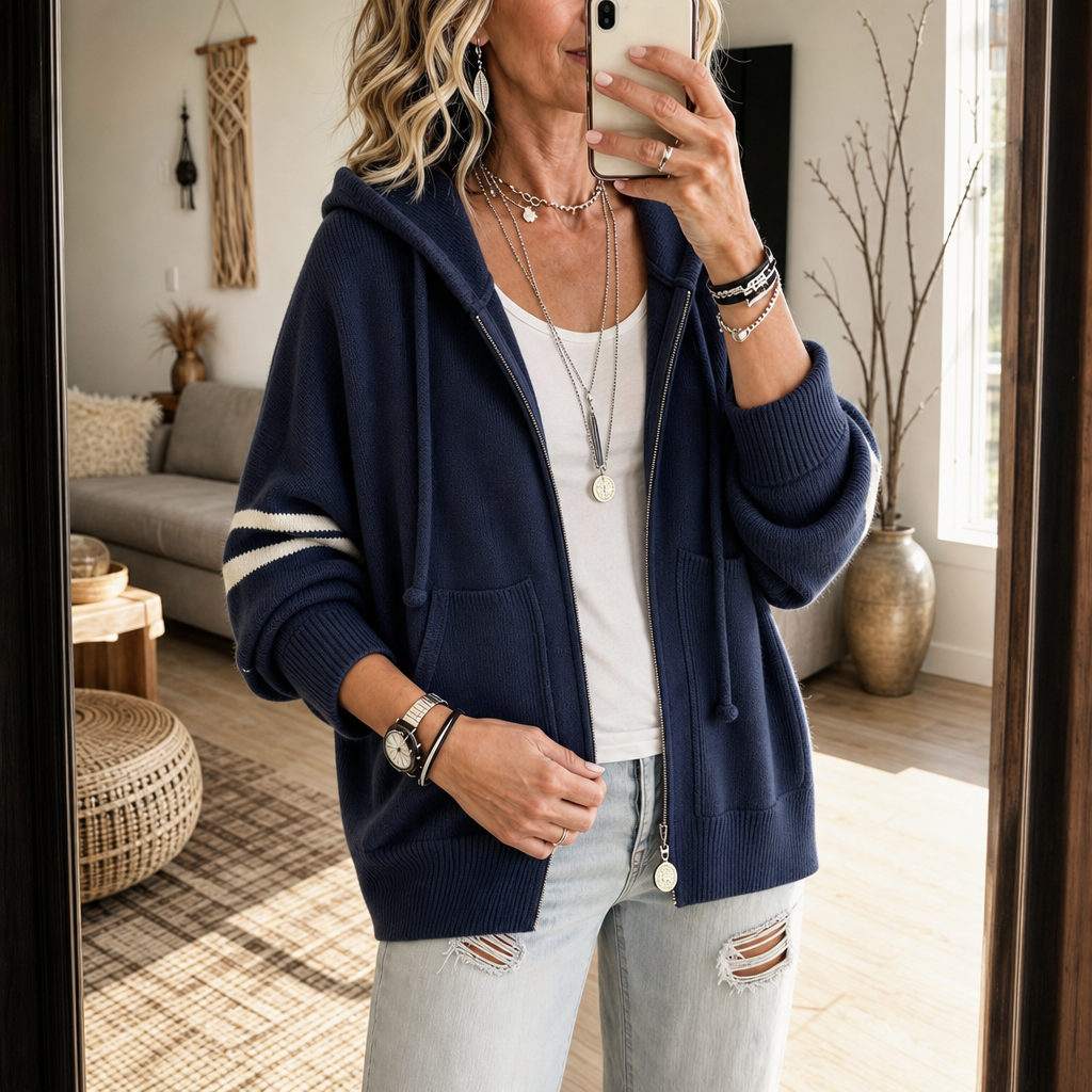 Dame Hoodie med Lynlås – Strikket Drop-Shoulder og Stribede Ærmer