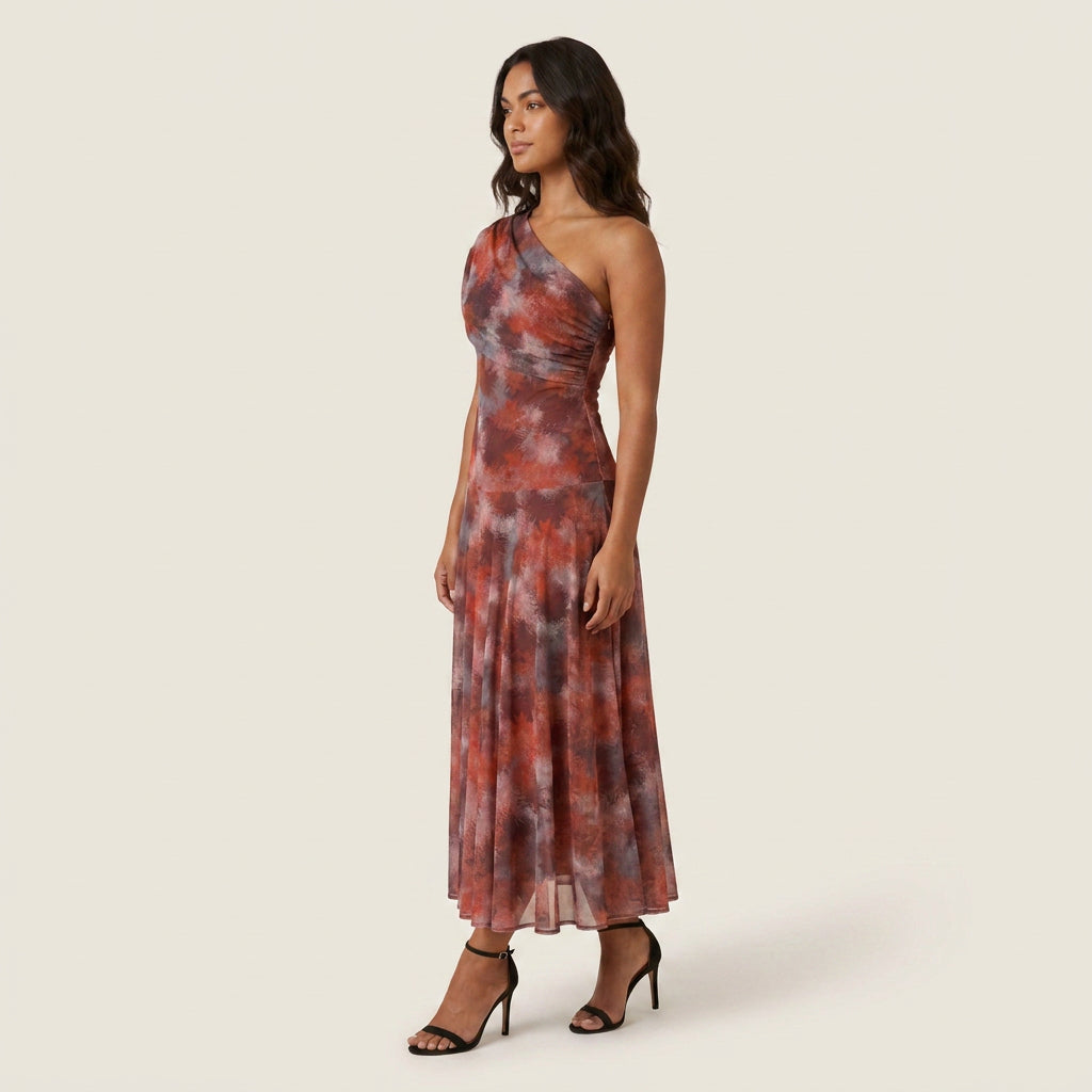 Dame Midikjole med Asymmetrisk Skuldersnit i Chiffon-look