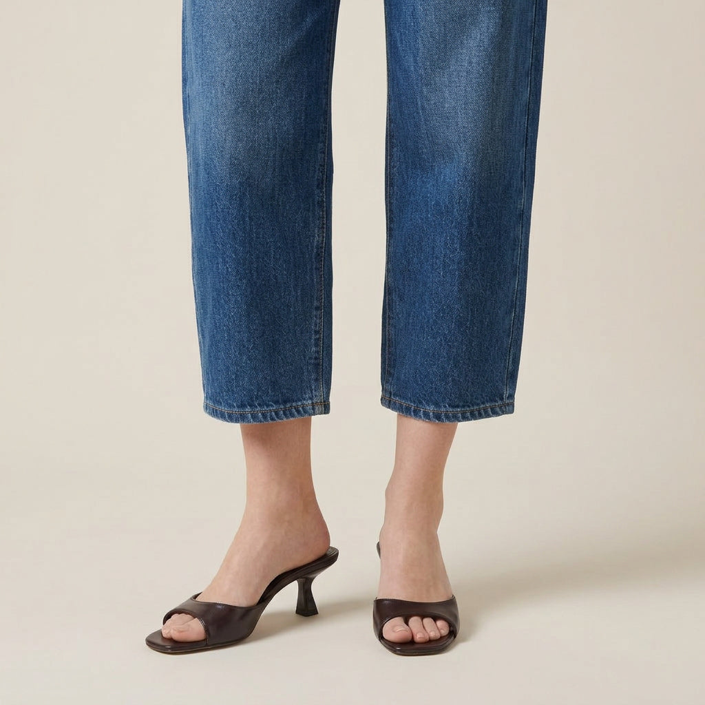 Dame Sandaler i Læderlook med Firkantet Tå og Blottet Hæl
