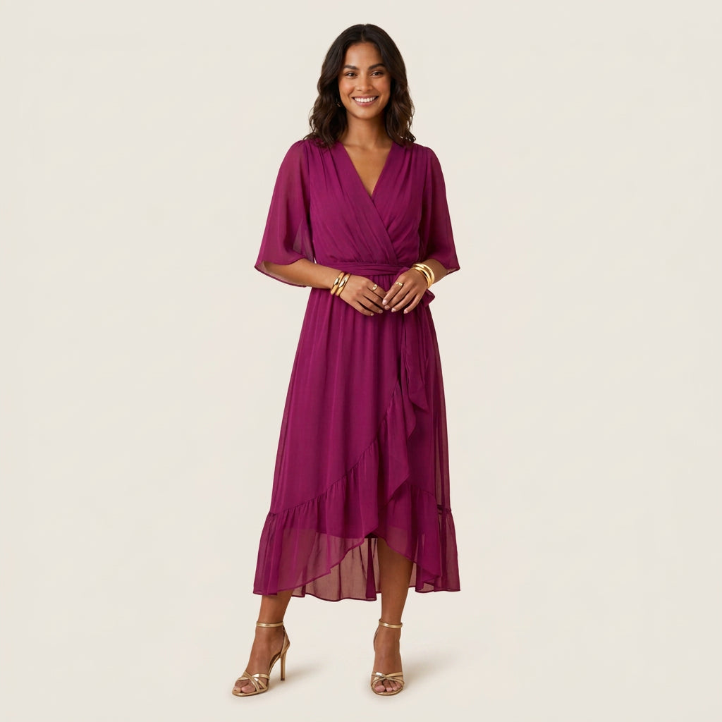 Dame Midikjole med Overslag og Flæsekant i Transparent Chiffon-look