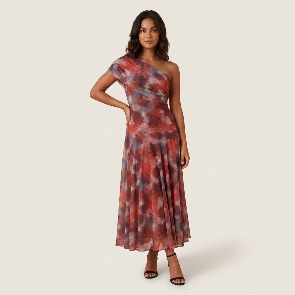 Dame Midikjole med Asymmetrisk Skuldersnit i Chiffon-look