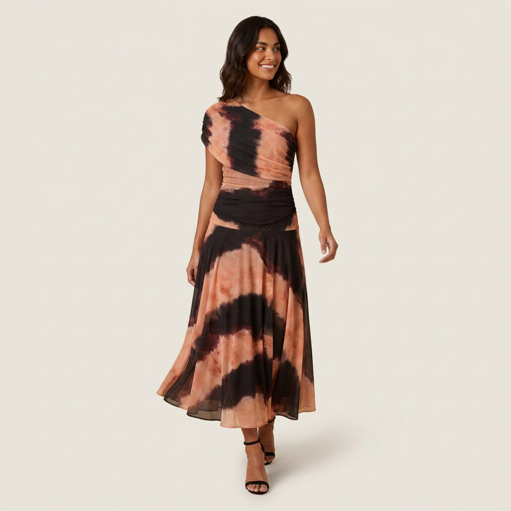 Dame Midikjole med Asymmetrisk Skuldersnit i Chiffon-look