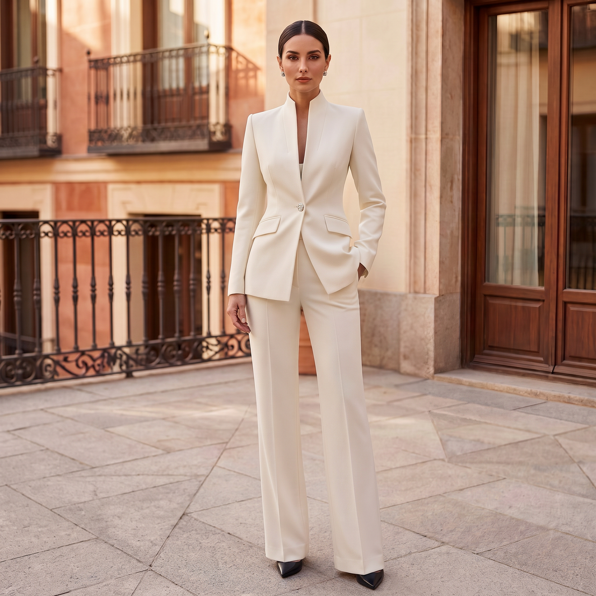 Dame Buksedragt – Blazer og Bukser i Elegant Snit