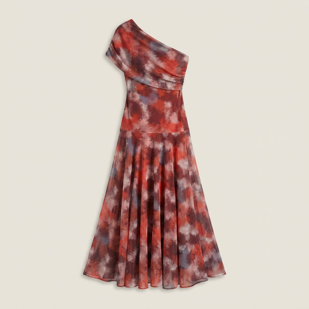 Dame Midikjole med Asymmetrisk Skuldersnit i Chiffon-look