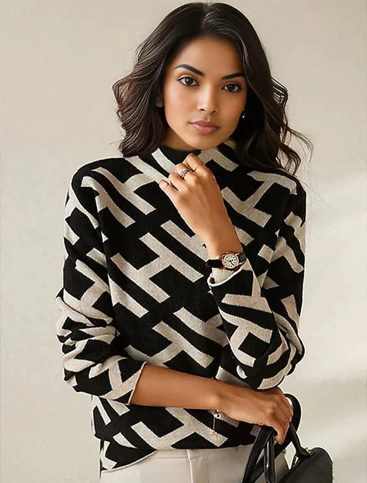 Ladies Basic Knitted Sweater - Black and White, Casual Pullover for Every Day