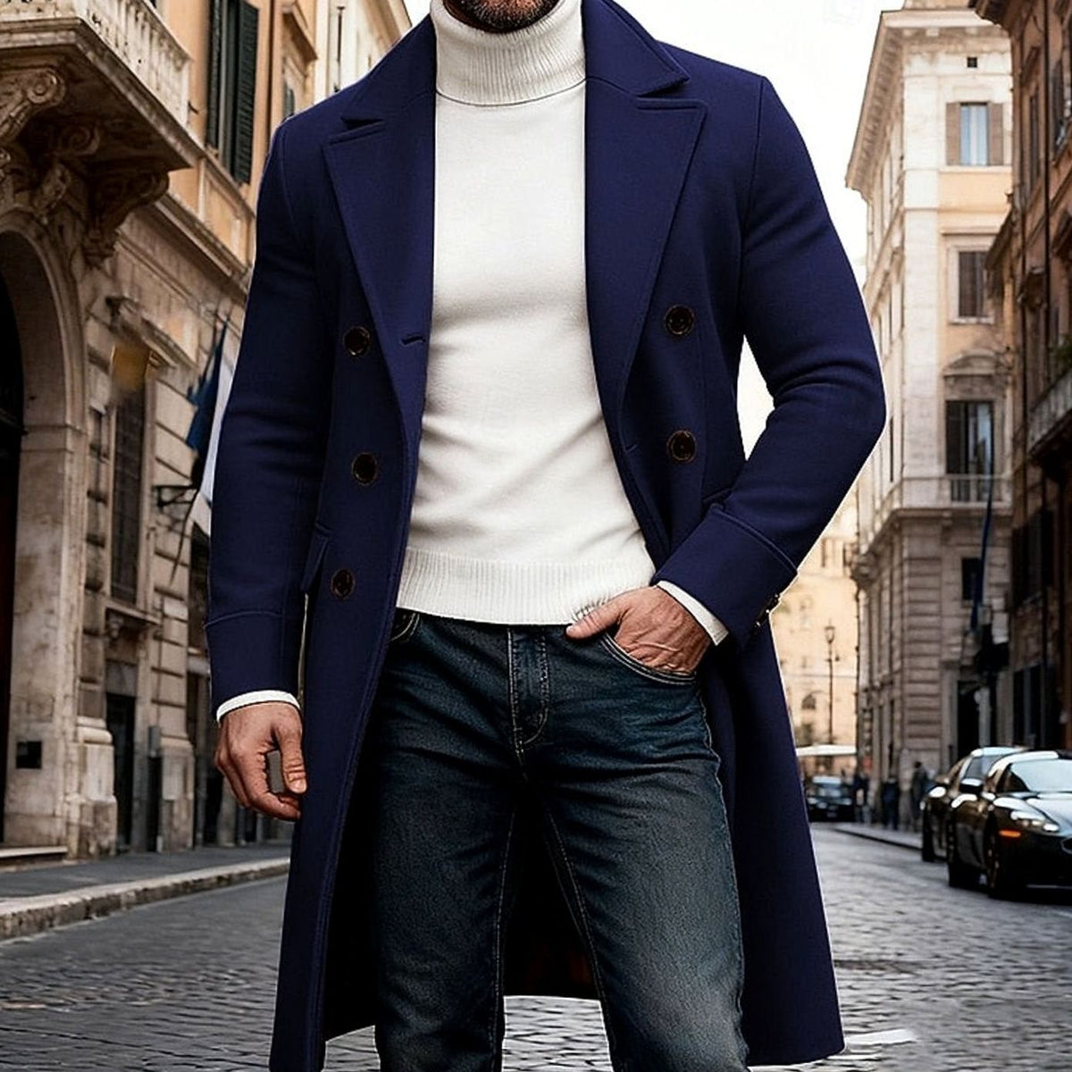 Herrefrakke Dobbeltradet Lang Uldfrakke Slim Fit