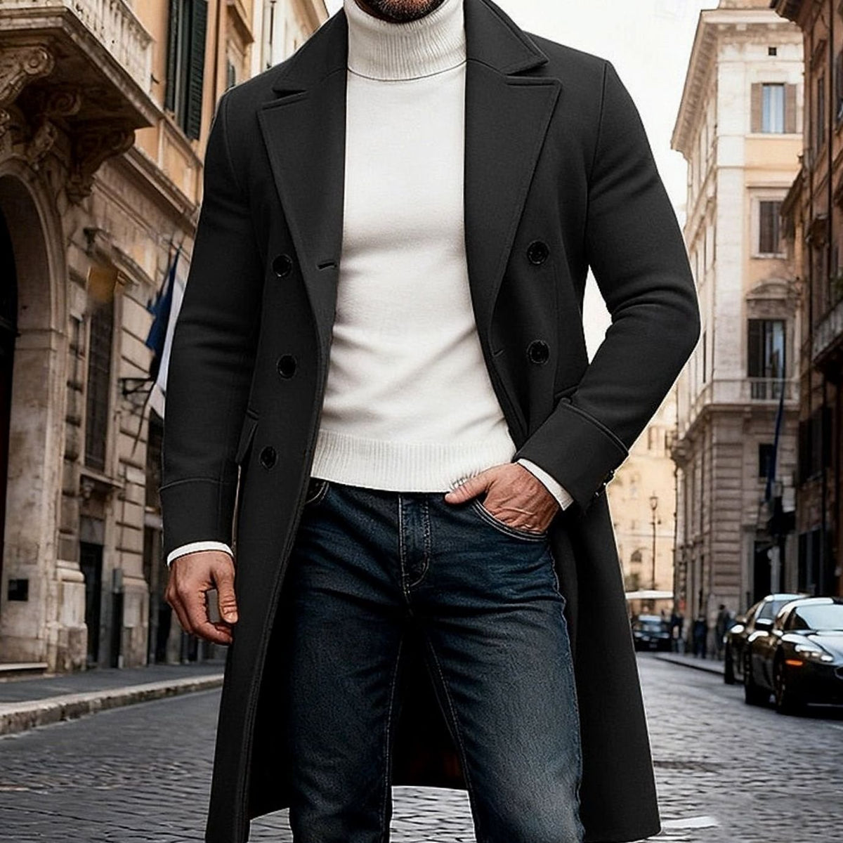 Herrefrakke Dobbeltradet Lang Uldfrakke Slim Fit