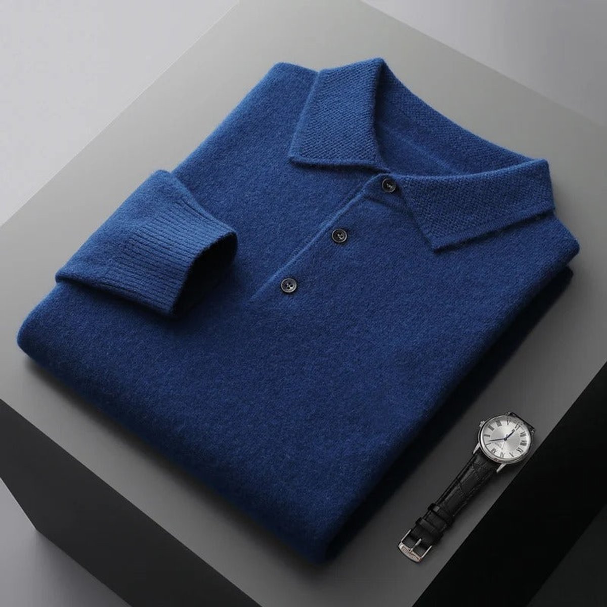 Herre Cashmere Sweater med Polokrave og Lange Ærmer