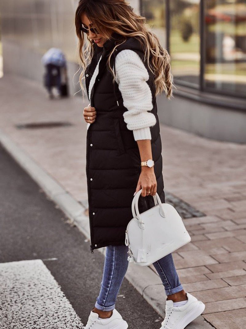 Lang quiltet bodywarmer til kvinder - Slim Fit Gilet, ærmeløs puffer mellemliggende jakke efterår/vinter