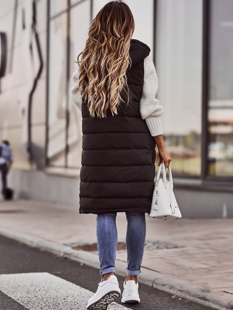 Lang quiltet bodywarmer til kvinder - Slim Fit Gilet, ærmeløs puffer mellemliggende jakke efterår/vinter