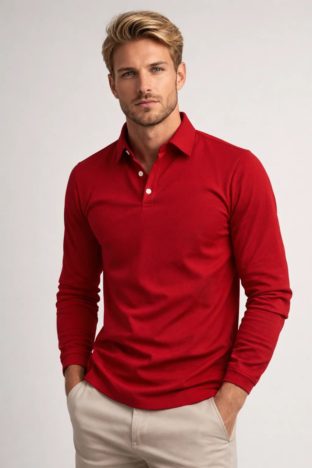 Herre Polo med Lange Ærmer - Klassisk Krave, Slim Fit