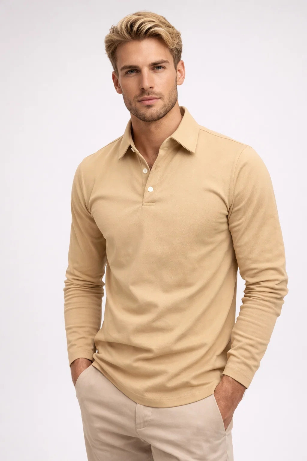 Herre Polo med Lange Ærmer - Klassisk Krave, Slim Fit