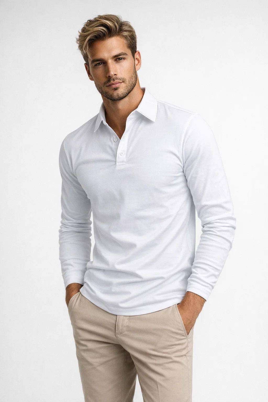 Herre Polo med Lange Ærmer - Klassisk Krave, Slim Fit