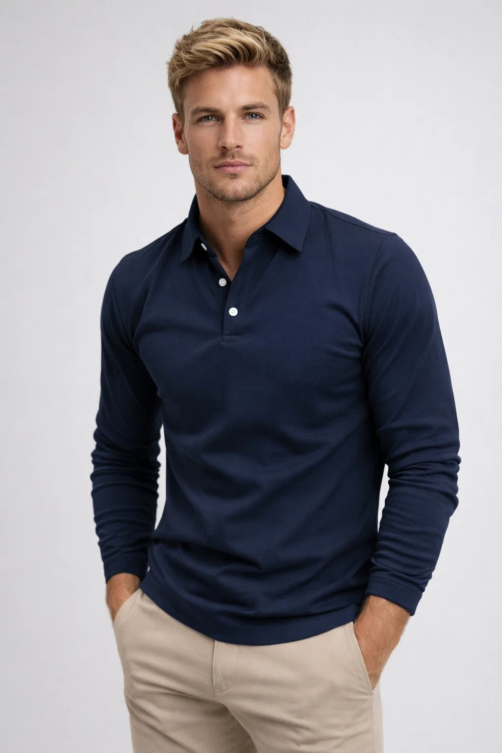 Herre Polo med Lange Ærmer - Klassisk Krave, Slim Fit