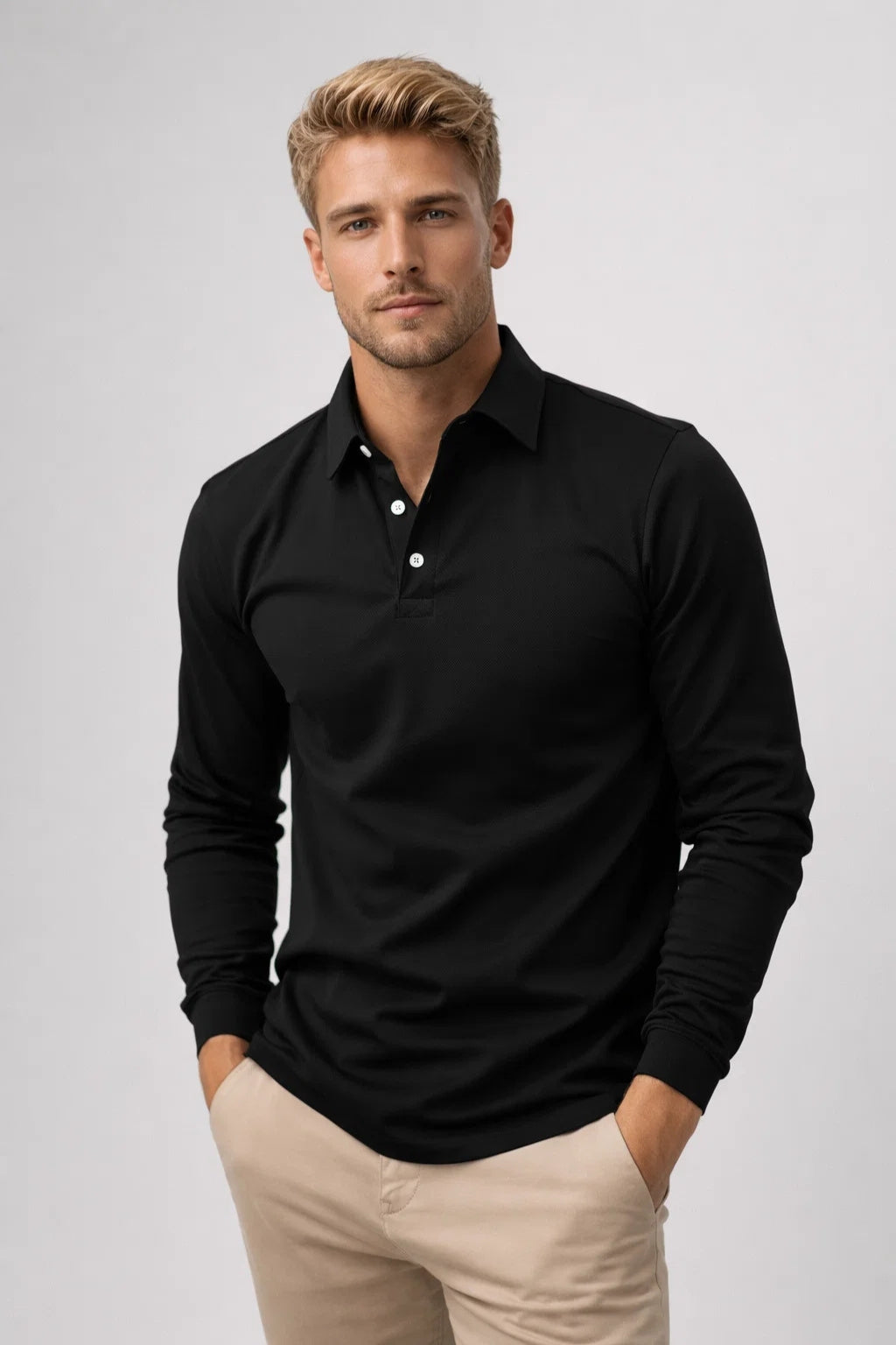 Herre Polo med Lange Ærmer - Klassisk Krave, Slim Fit