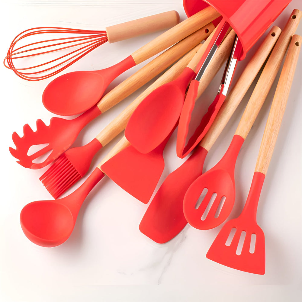 Silicone Kitchen Utensil Set – BPA-free, Heat Resistant with Bamboo Handle for Easy Cooking on the Baking Sheet