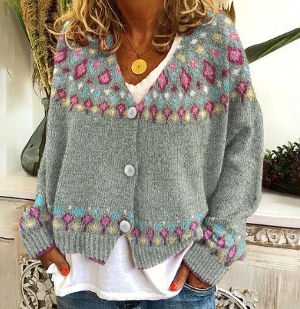 Dame Cardigan Cardigan Cardigan - Strikket, Grågrøn, Norsk mønster, Vinter