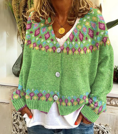 Ladies Cardigan Cardigan Cardigan - Knitted, Grey-green, Norwegian pattern, Winter