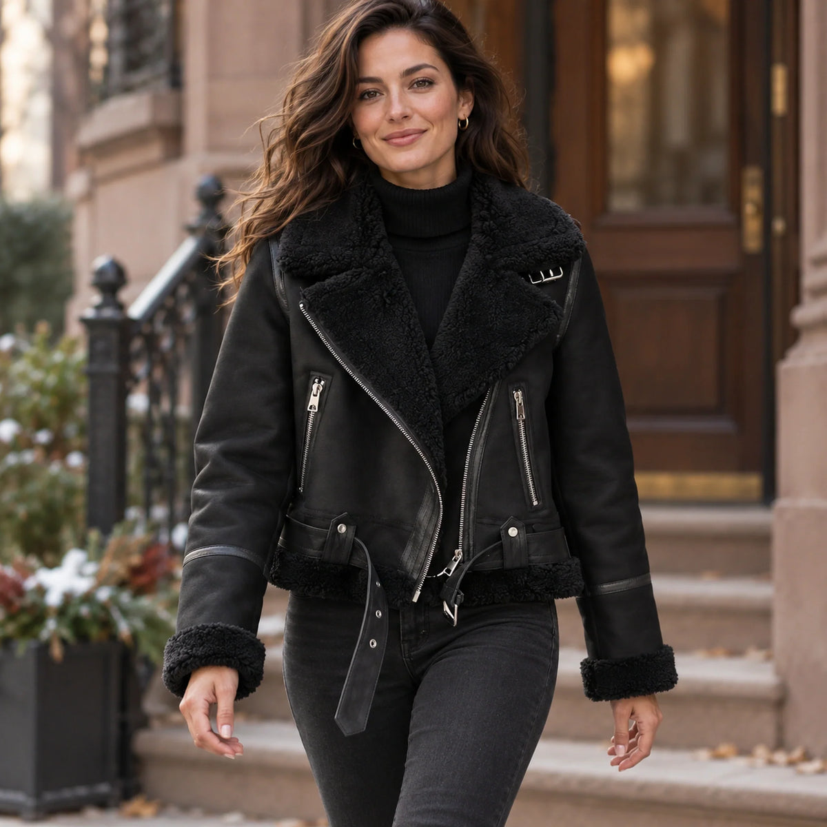 sherpa jacket — Women's Sherpa Lined Biker Jacket — Amira — Black — complete garment in a gentle walking pose toward — view 6