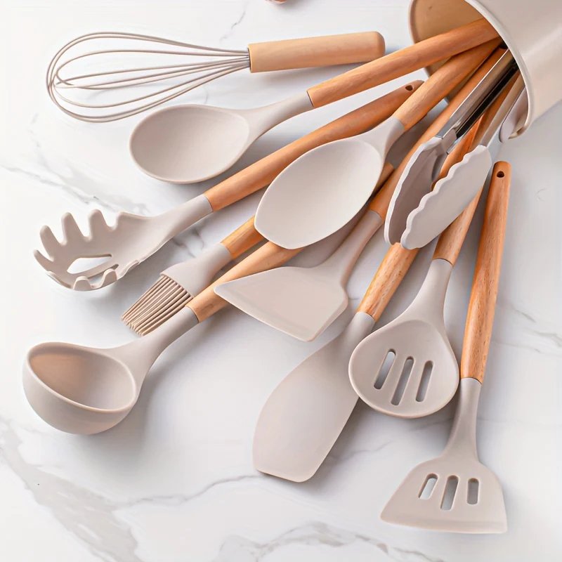 Silicone Kitchen Utensil Set – 26-piece, Heat Resistant with Wooden Handle for Home Kitchen or Professional Cooking Areas