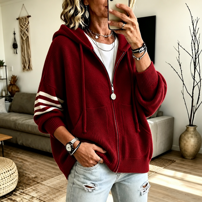 Dame Hoodie med Lynlås – Strikket Drop-Shoulder og Stribede Ærmer
