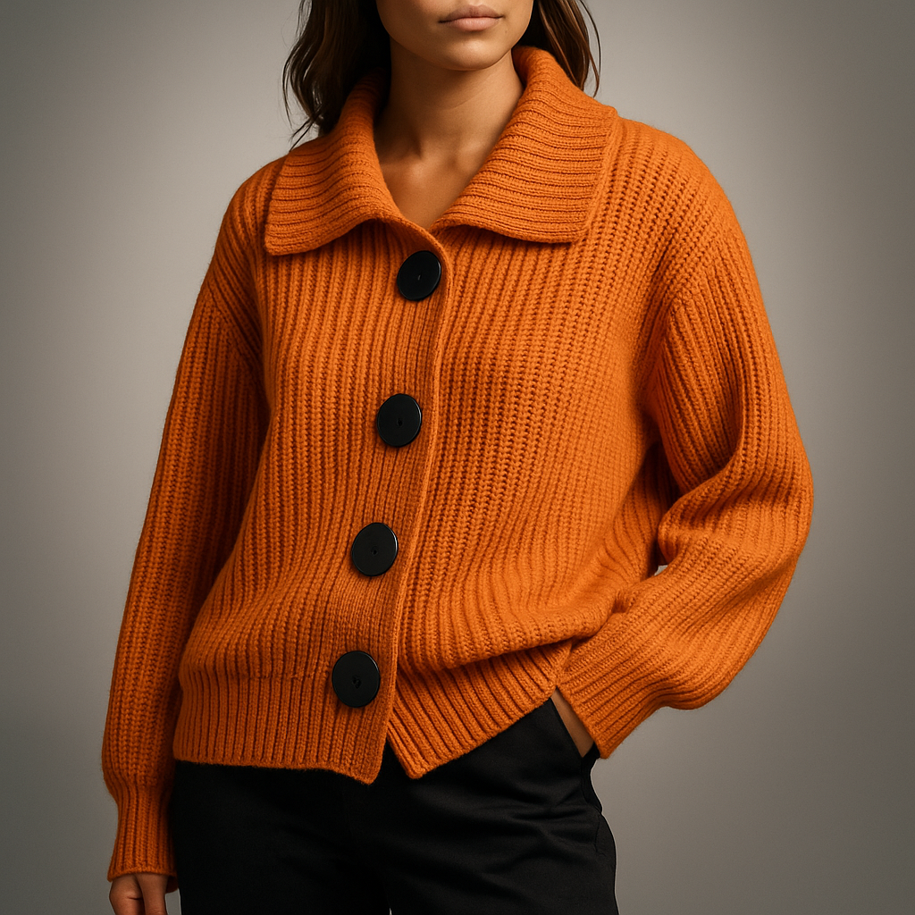 Dame Oversize Cardigan med Store Knapper - Ribstrikket