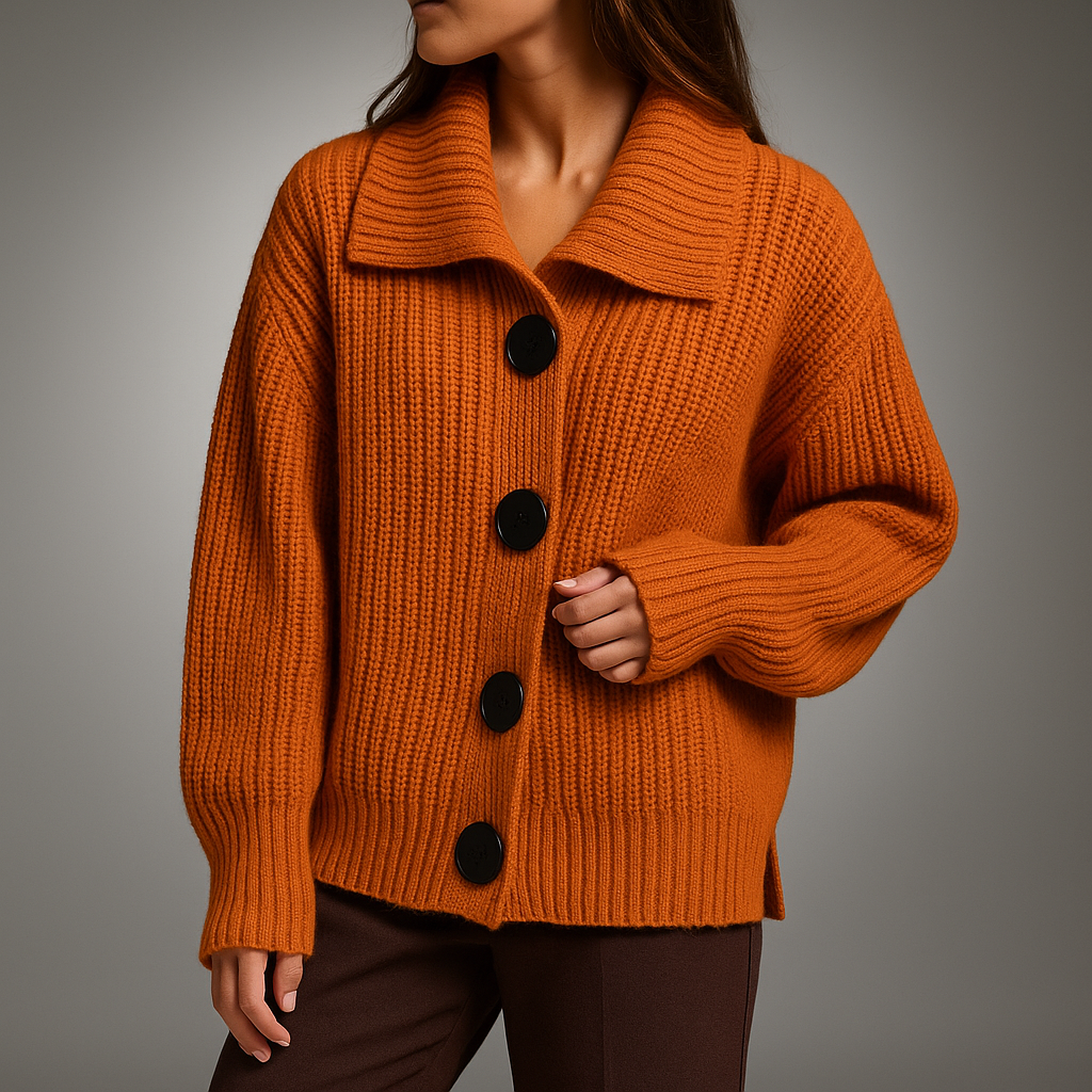 Dame Oversize Cardigan med Store Knapper - Ribstrikket