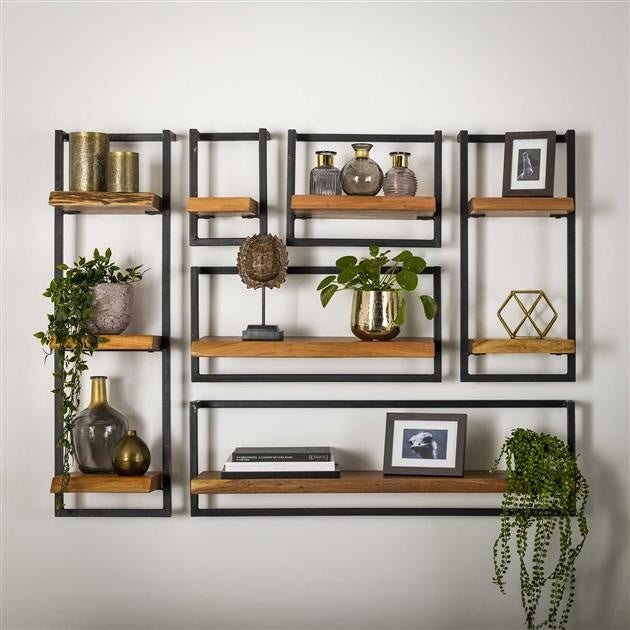 Estantería de pared – Madera maciza de acacia con acero vintage para el salón o el recibidor