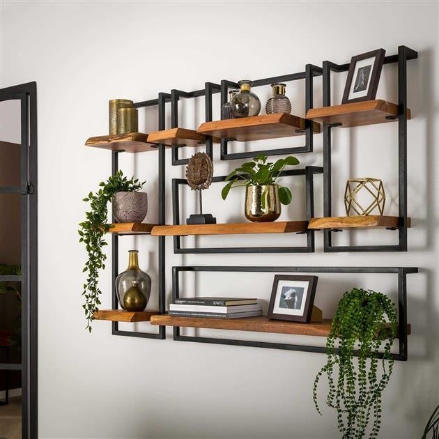 Estantería de pared – Madera maciza de acacia con acero vintage para el salón o el recibidor