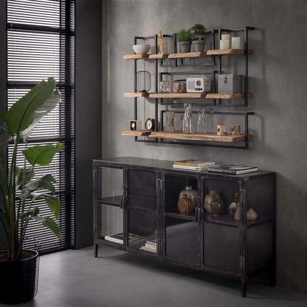 Estantería de pared – Madera maciza de acacia con acero vintage para el salón o el recibidor