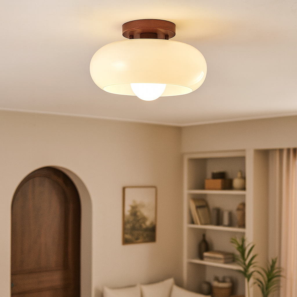 Loftlampe i Bauhaus-Stil med Cremefarvet Glas og Metalbase